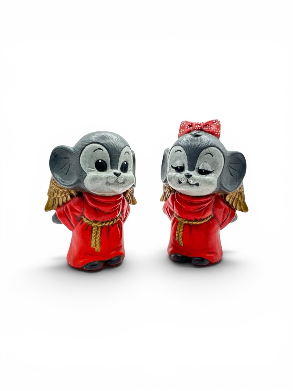 Vintage Pair 1970s Ceramic Christmas Anthropomorphic Angel Mice Mouse Kissing 5”